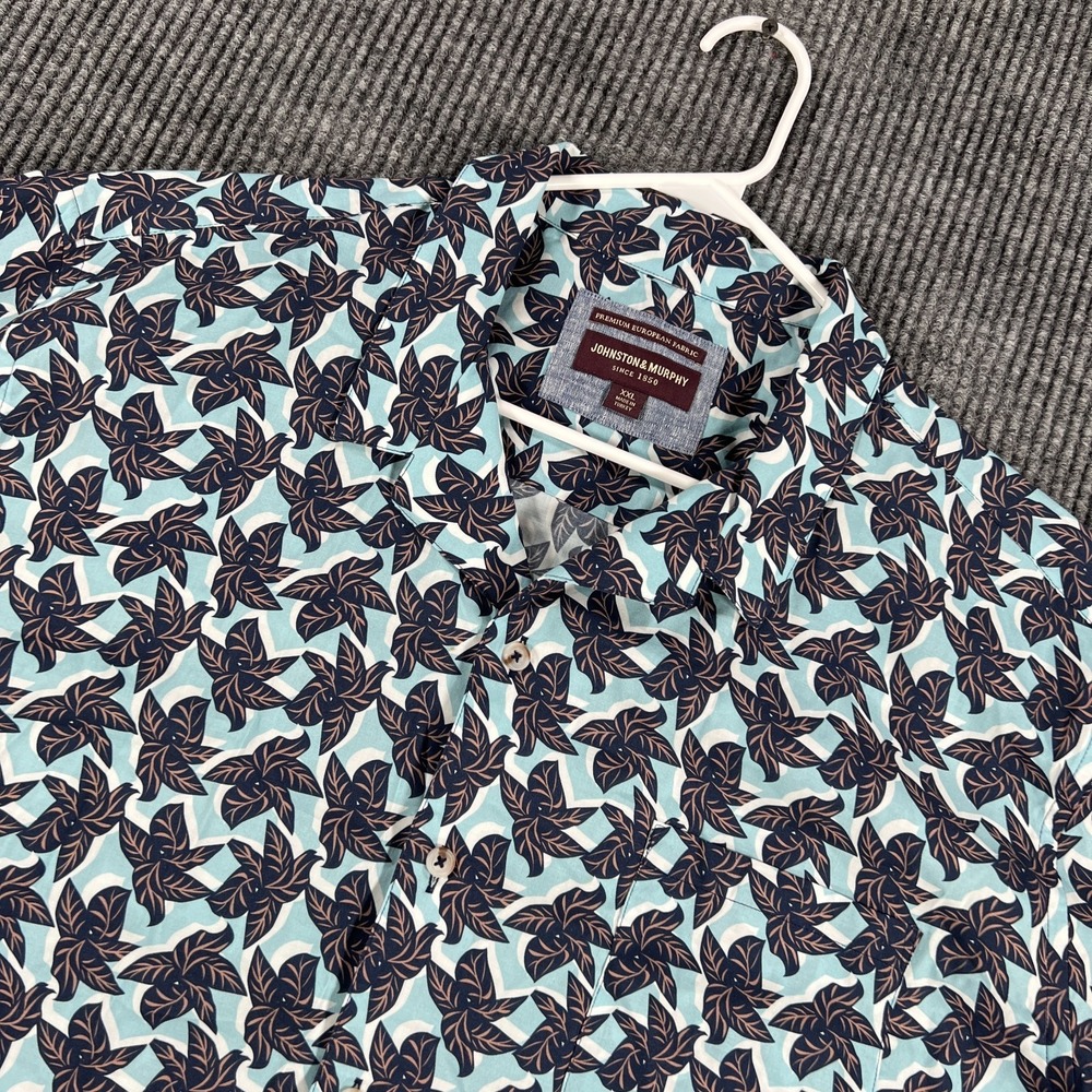 Johnston & Murphy Shirt Mens 2XL XXL Blue Leaf Floral Short Sleeve Button Up